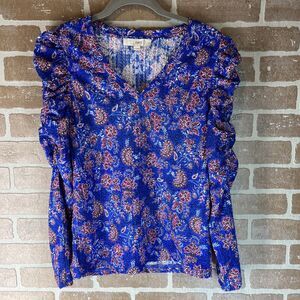 LOFT  Woman Small Floral V Neck Blouse. Blue, Long Sleeve, Stretch, Fresh